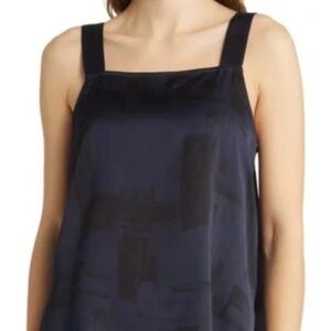 NWT Eileen Fisher Womens Tank Top Navy Brushstroke Print Silk Square Neck XS